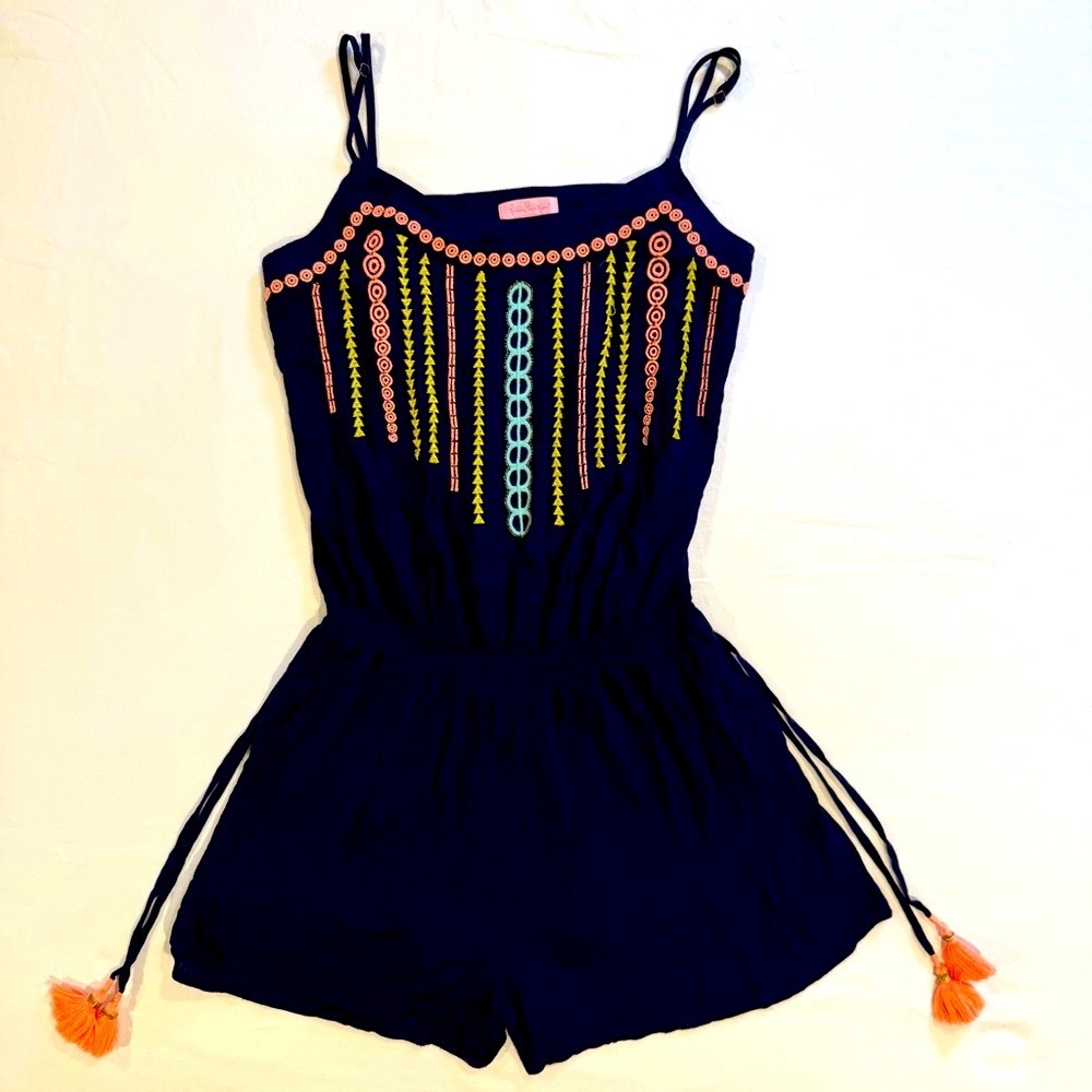 Lilly Pulitzer Beeler Short Romper Womens Medium True Navy Embroidered Summer